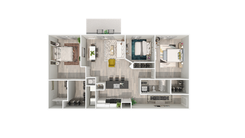 A floor plan of a house with a kitchen, living room, dining room, and bedrooms.